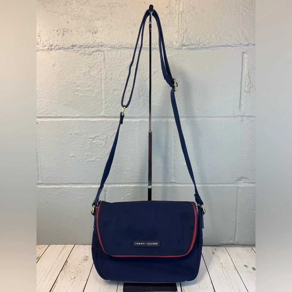 Tommy Hilfiger Canvas/Nylon Messenger/Crossbody Bag-Navy &‎ Red